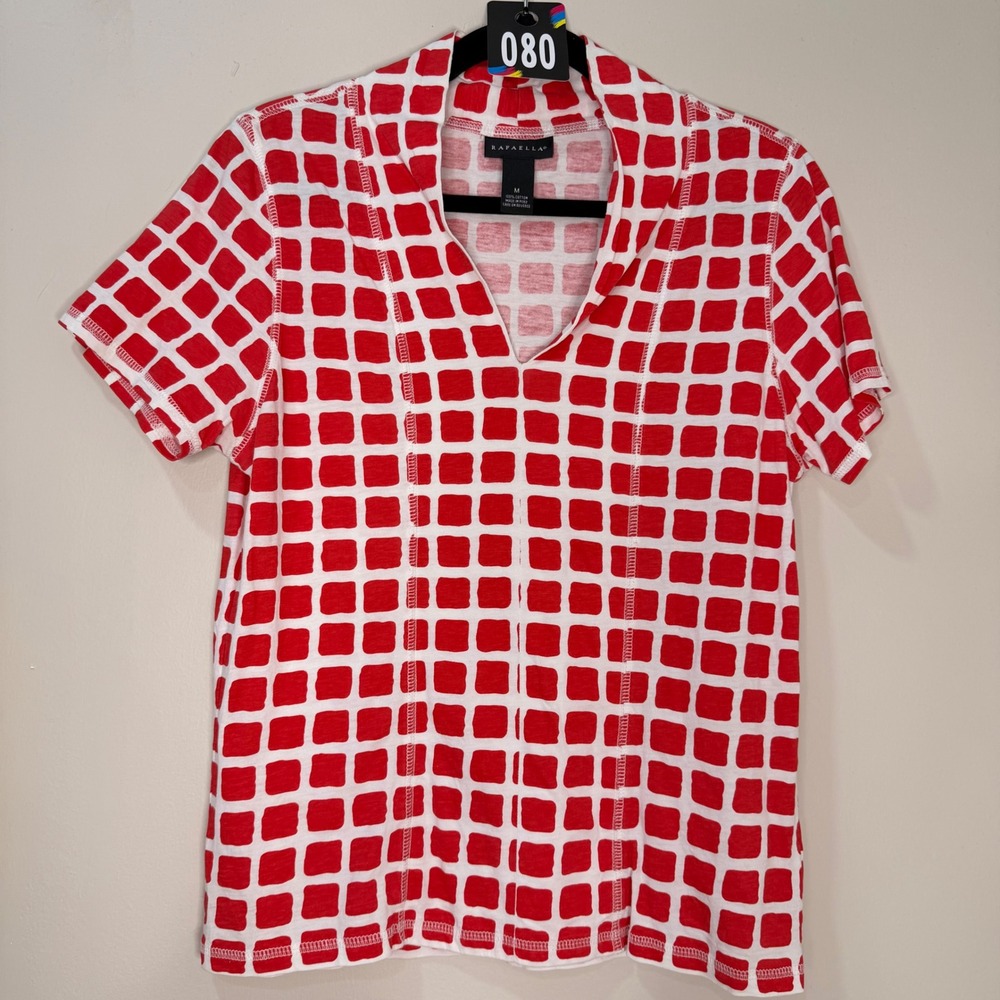 #80‎ RAFAELLA Top Sz. M Red White Geometric Grid 100% cotton Ptp: 19"